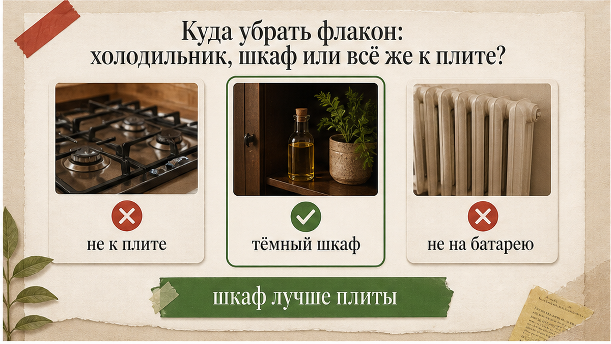 Куда убрать флакон: тёмный шкаф вместо плиты и батареи