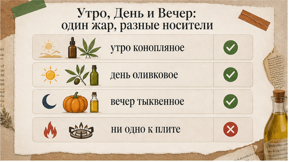 Утро, День и Вечер: конопля, олива и тыква — ни одно масло не держать у плиты