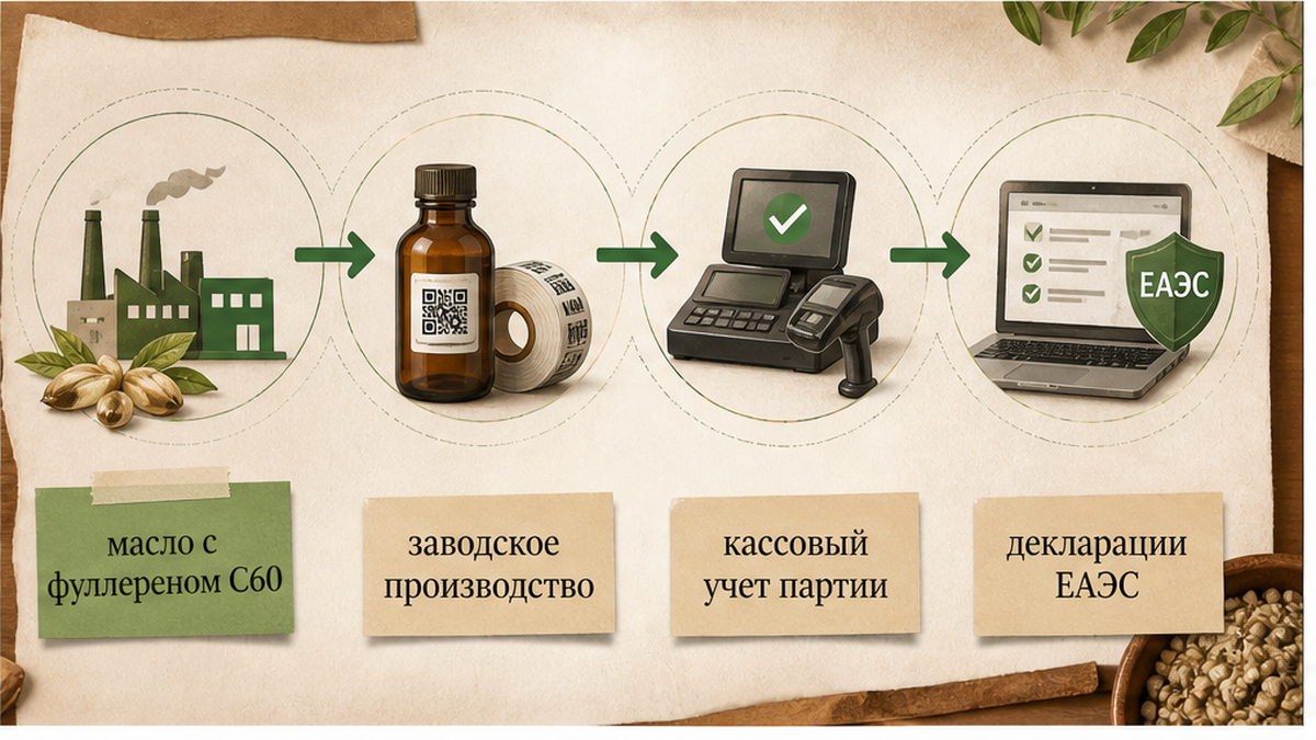 Схема: масло с фуллереном C60 как БАД — от заводского производства до кассового учёта