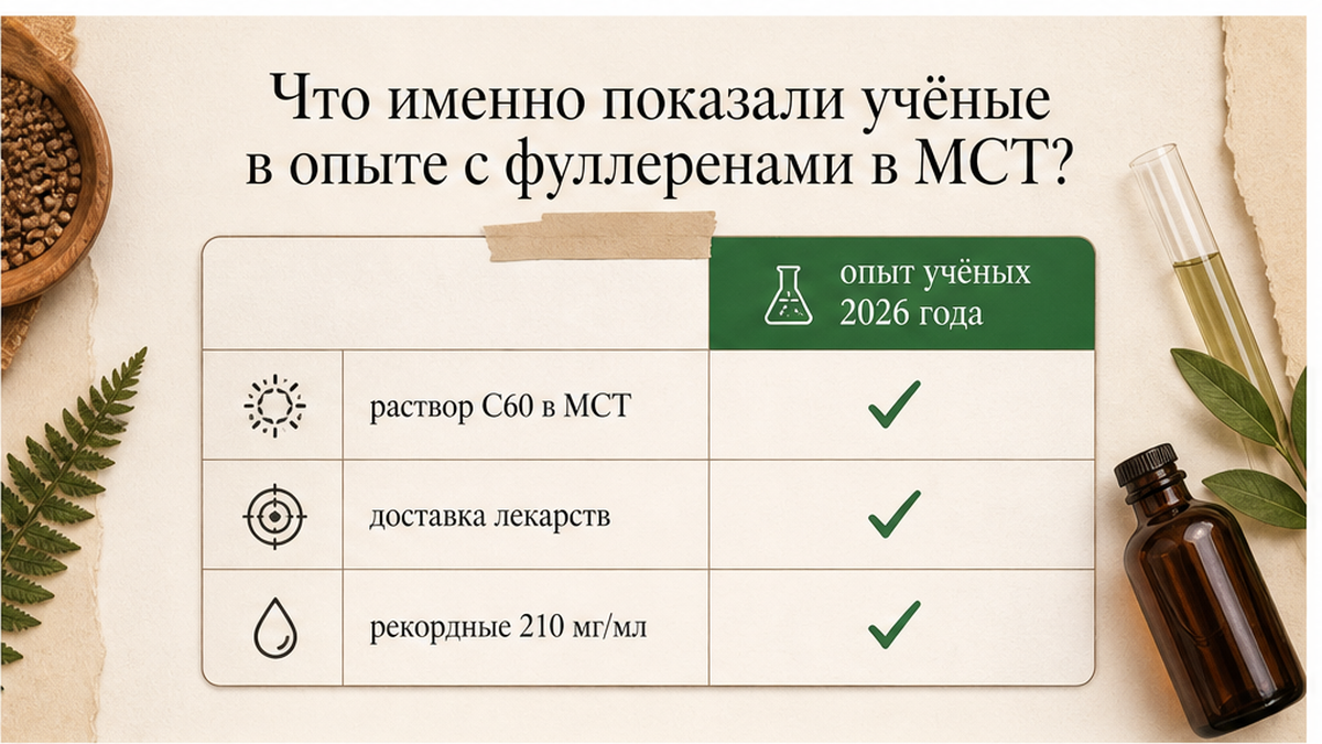 Таблица: что показал опыт учёных с раствором C60 в MCT в 2026 году