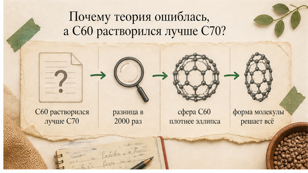 Схема: почему C60 растворился в MCT сильнее, чем C70