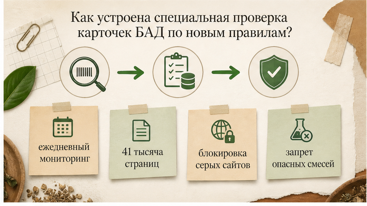 Схема проверки карточки БАД: код товара, сверка СГР и статус в реестре