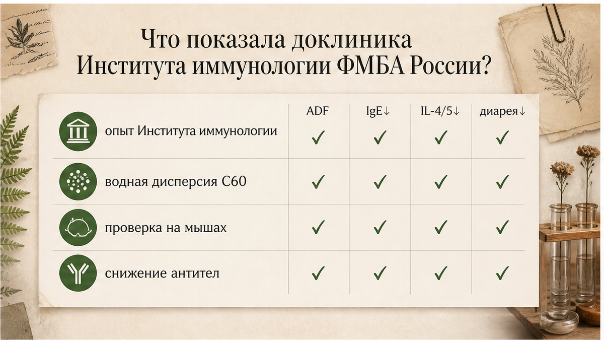 Таблица: что снизилось в доклинике водной дисперсии C60 у мышей