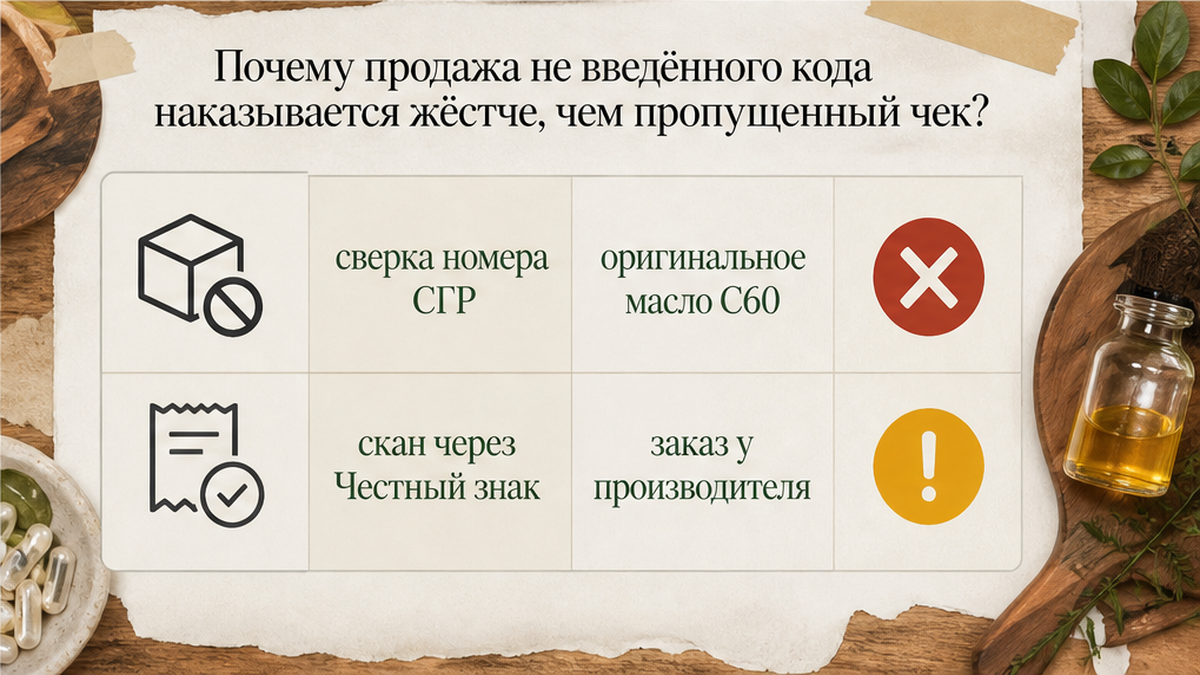 Сравнение санкций: продажа без введённого кода маркировки и пропущенный чек