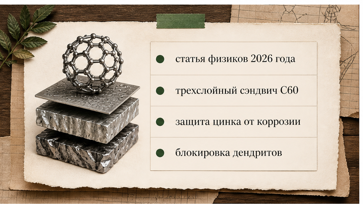 Схема: открытие физиков — самореконструирующийся сэндвич C60–Zn–Bi на аноде