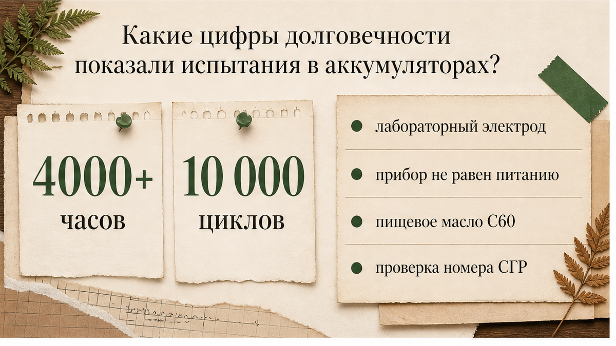 Карточка: цифры долговечности испытаний цинковых аккумуляторов с покрытием C60