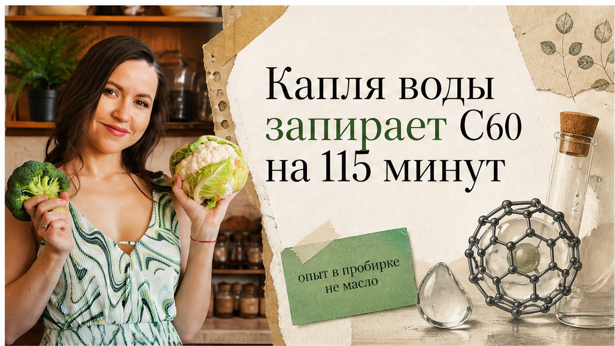 Иллюстрация: капля воды и фуллерен C60 в лабораторной «клетке» на 115 минут