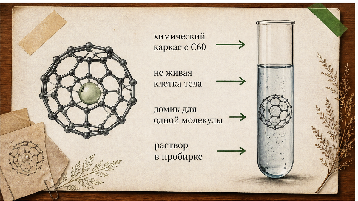 Схема: супрамолекулярная «клетка» с фуллереном C60 в пробирке, не ткань тела