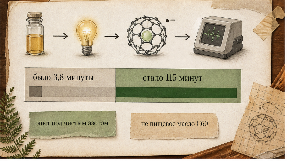 Схема опыта: полужизнь радикал-аниона C60•− 115 минут под азотом, не в масле
